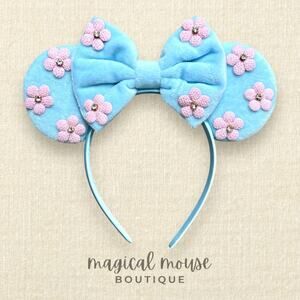 Pastel Blue Velvet & Pink Floral Minnie Ears | Disney-Inspired Mouse Ears
